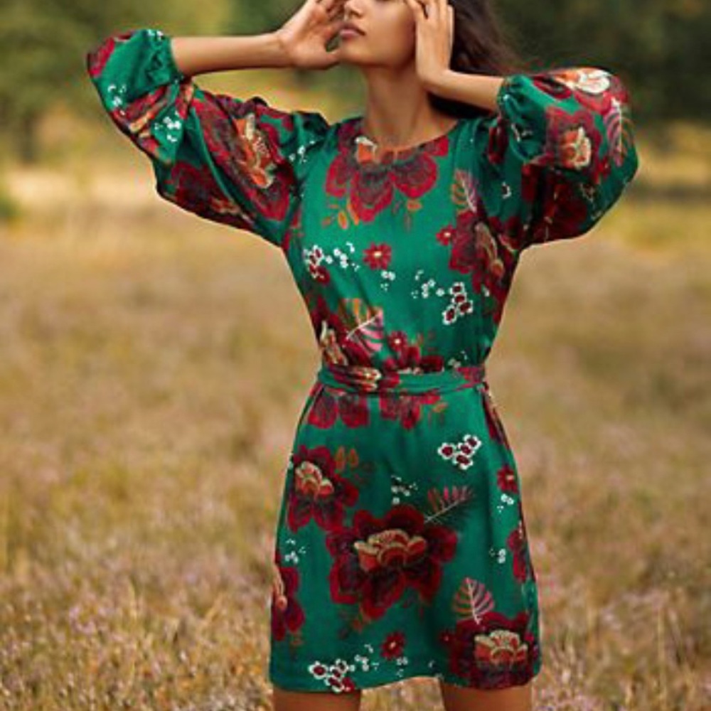 Anthropologie Jade Green Floral Mini Dress